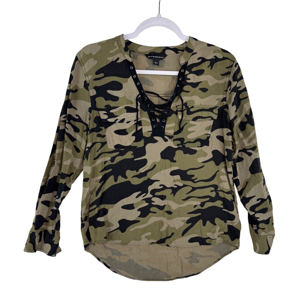 Rock & Republic Womens‎ Camo Lace Up Top Green Military Roll Tab Sleeve Medium
